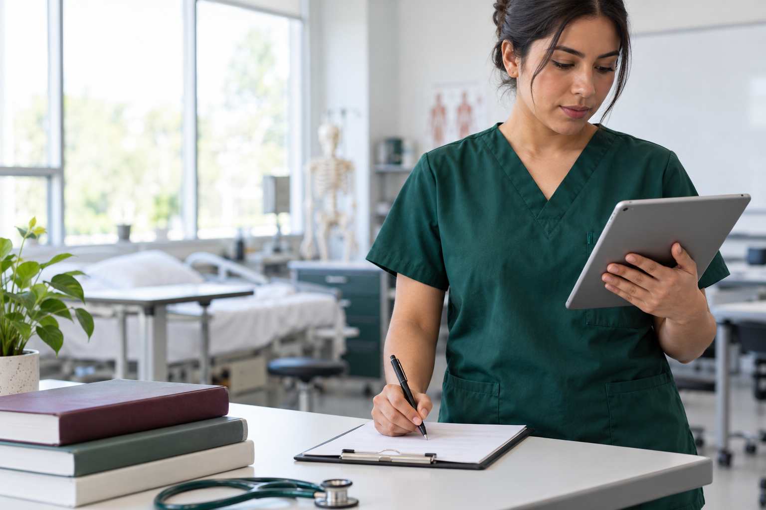 Profesional de enfermería revisando una tableta y registrando información en un entorno de simulación clínica