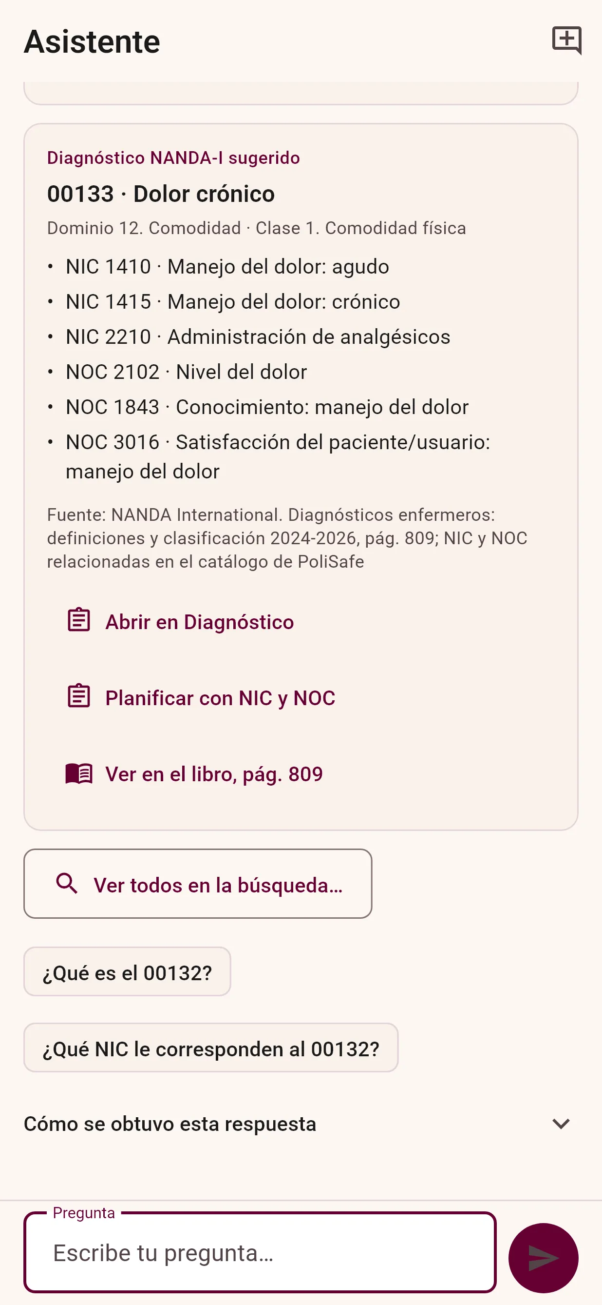 Asistente con la sugerencia del diagnóstico 00133 Dolor crónico, sus NIC y NOC y la cita del libro.