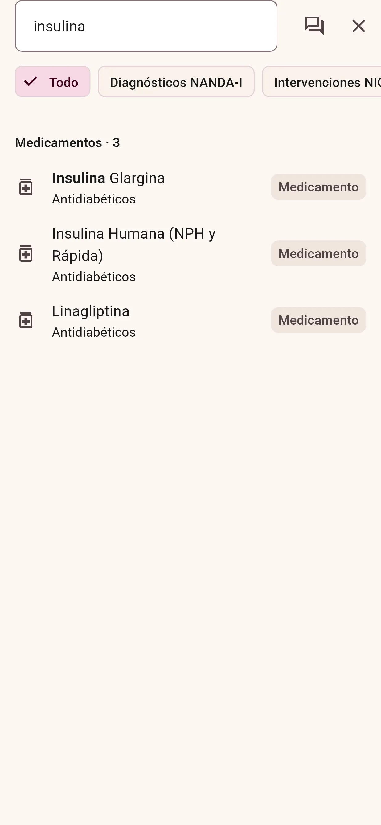 Búsqueda global de "insulina" con tres medicamentos encontrados.