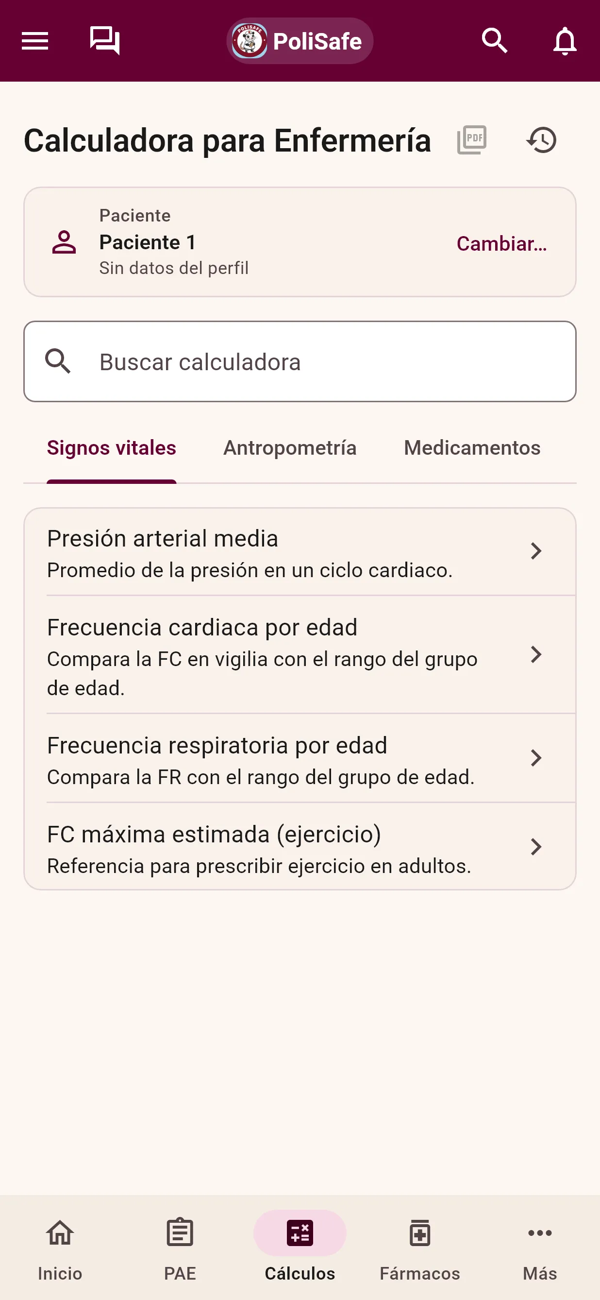 Catálogo de calculadoras agrupadas en Signos vitales, Antropometría y Medicamentos.