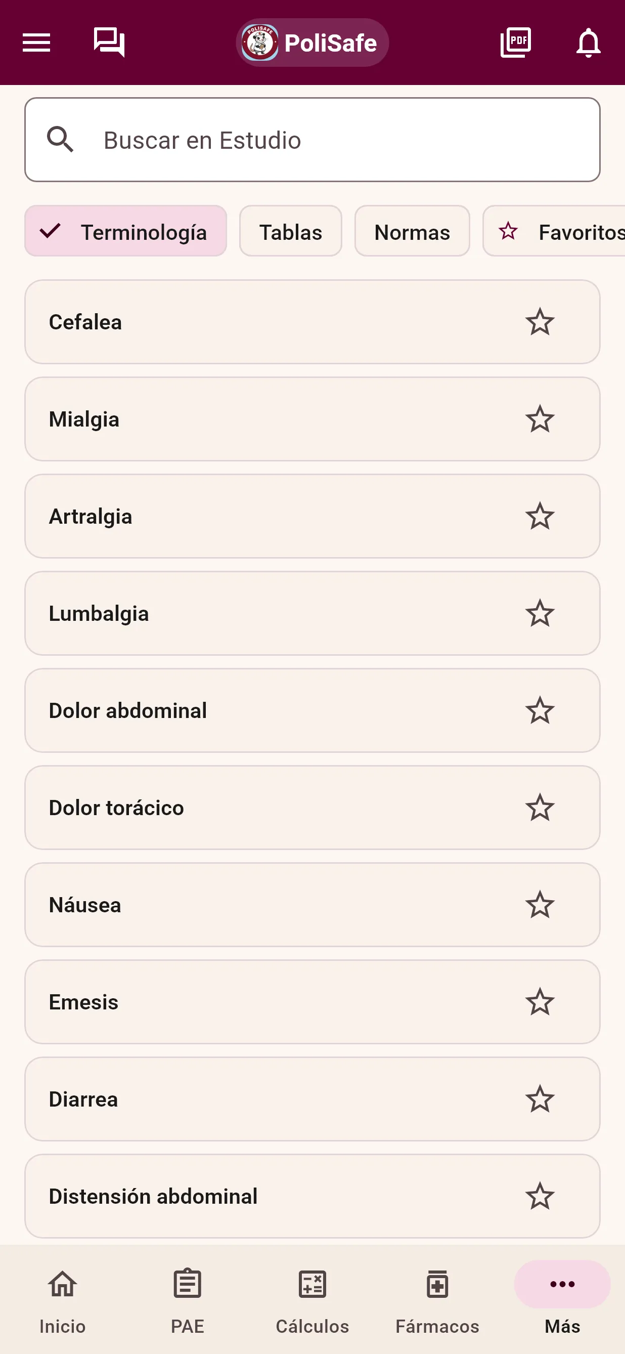 Pestaña Terminología de Estudio con términos como Cefalea, Mialgia y Artralgia.