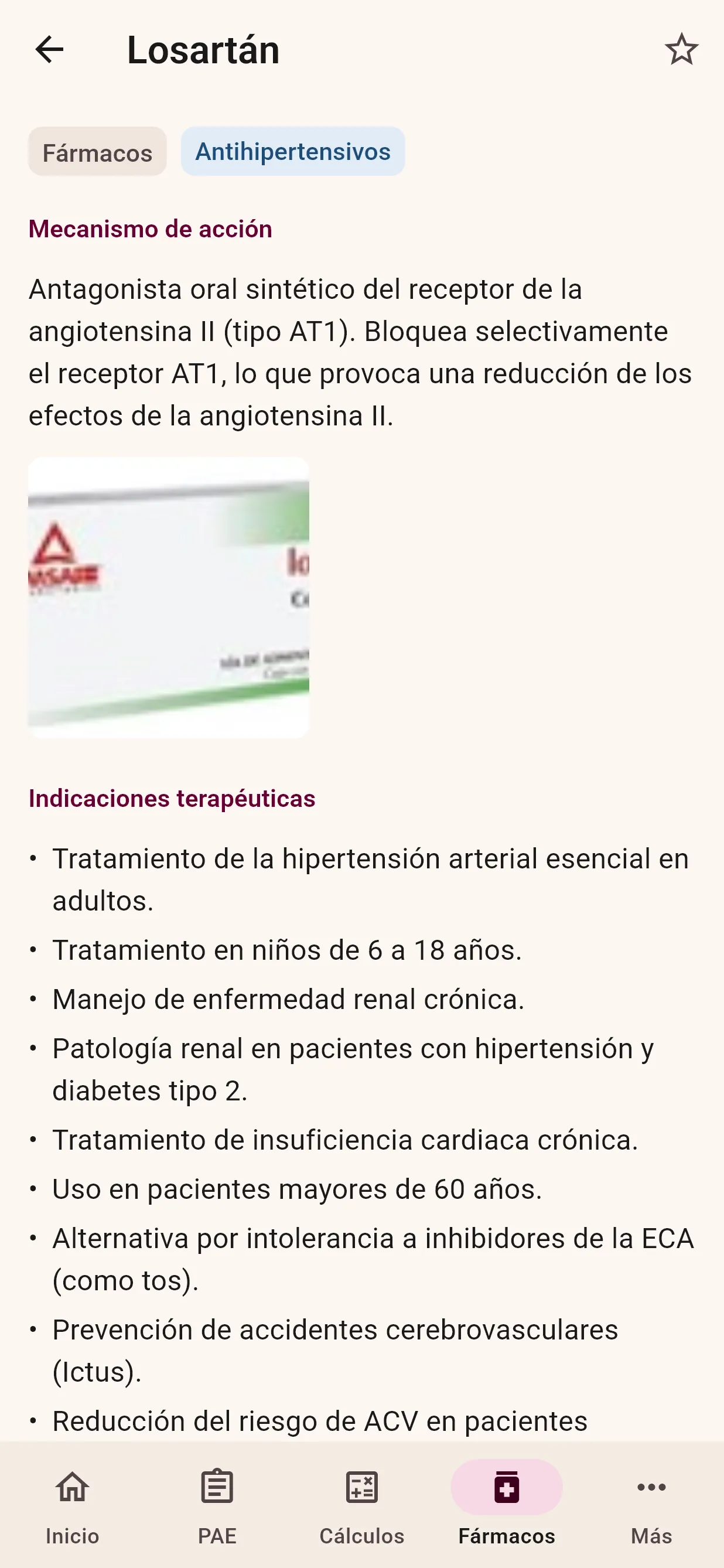 Ficha de Losartán con mecanismo de acción e indicaciones terapéuticas.