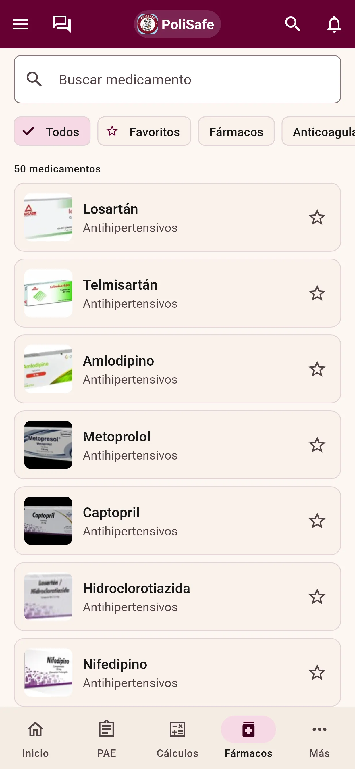 Lista de medicamentos con filtros por categoría y favoritos.