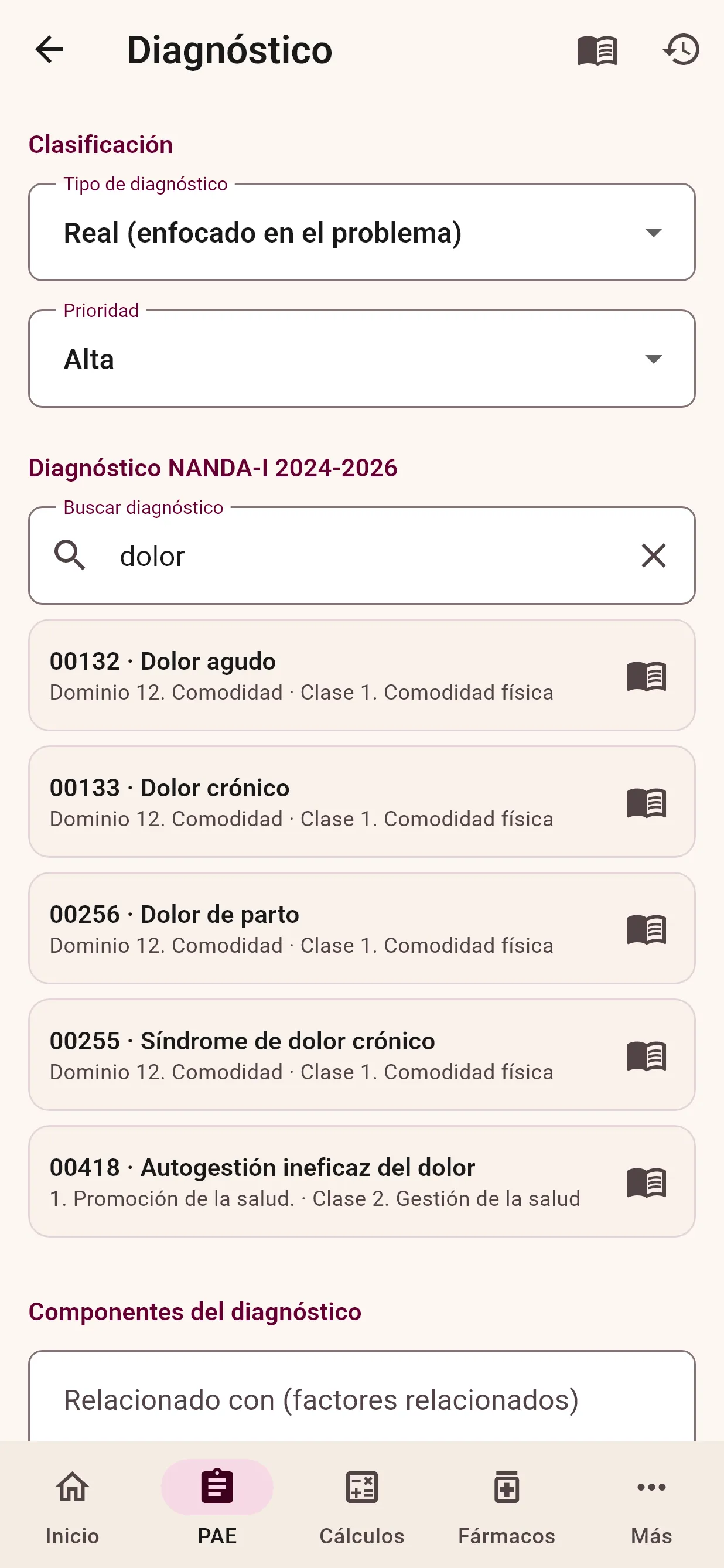 Pantalla Diagnóstico con resultados NANDA-I para la búsqueda "dolor": 00132 Dolor agudo, 00133 Dolor crónico y otros.