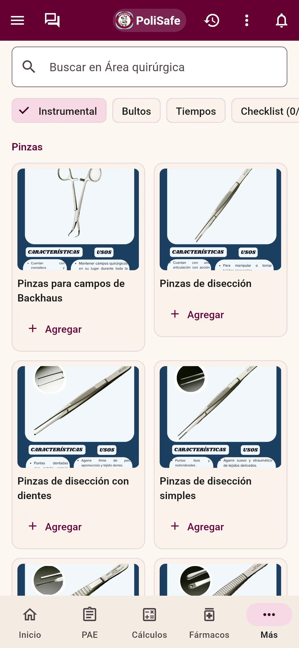 Área quirúrgica con el catálogo de pinzas y sus imágenes.